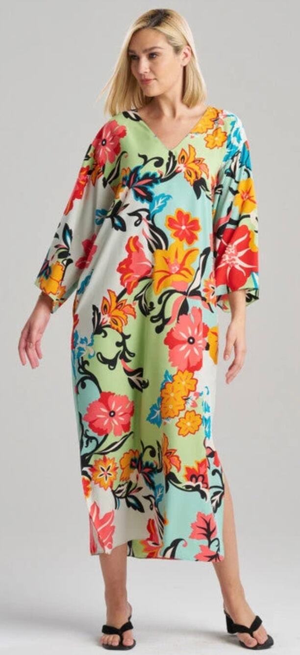 NATORI Marbella Floral Caftan Maxi Dress Relax Vacation Women's M